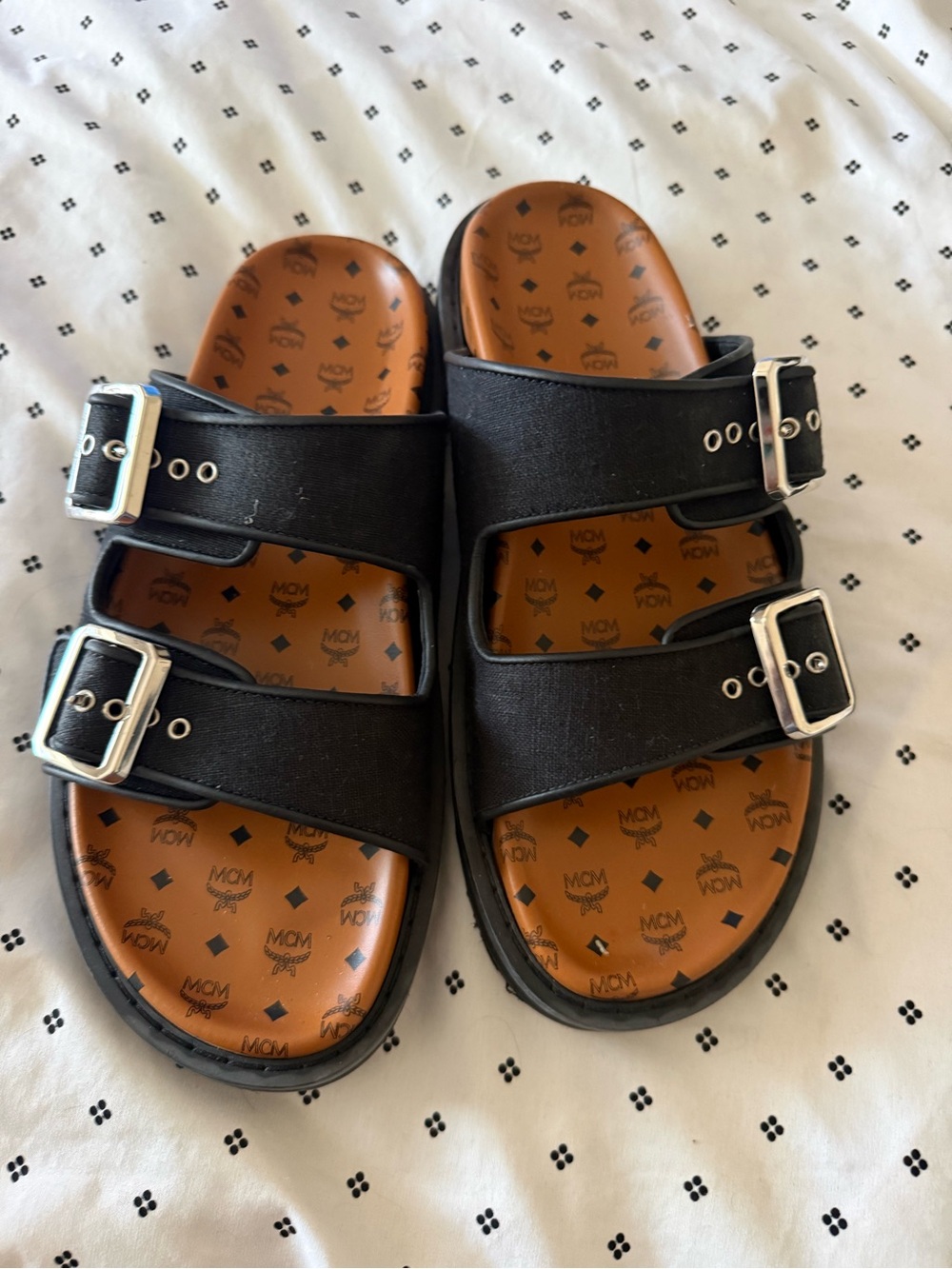 MCM Kids Black Double-Buckle Slide Sandals
